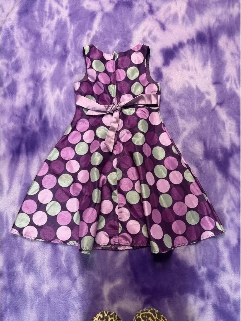 Ashley Ann purple and grey polka dot dress with a bow in the back